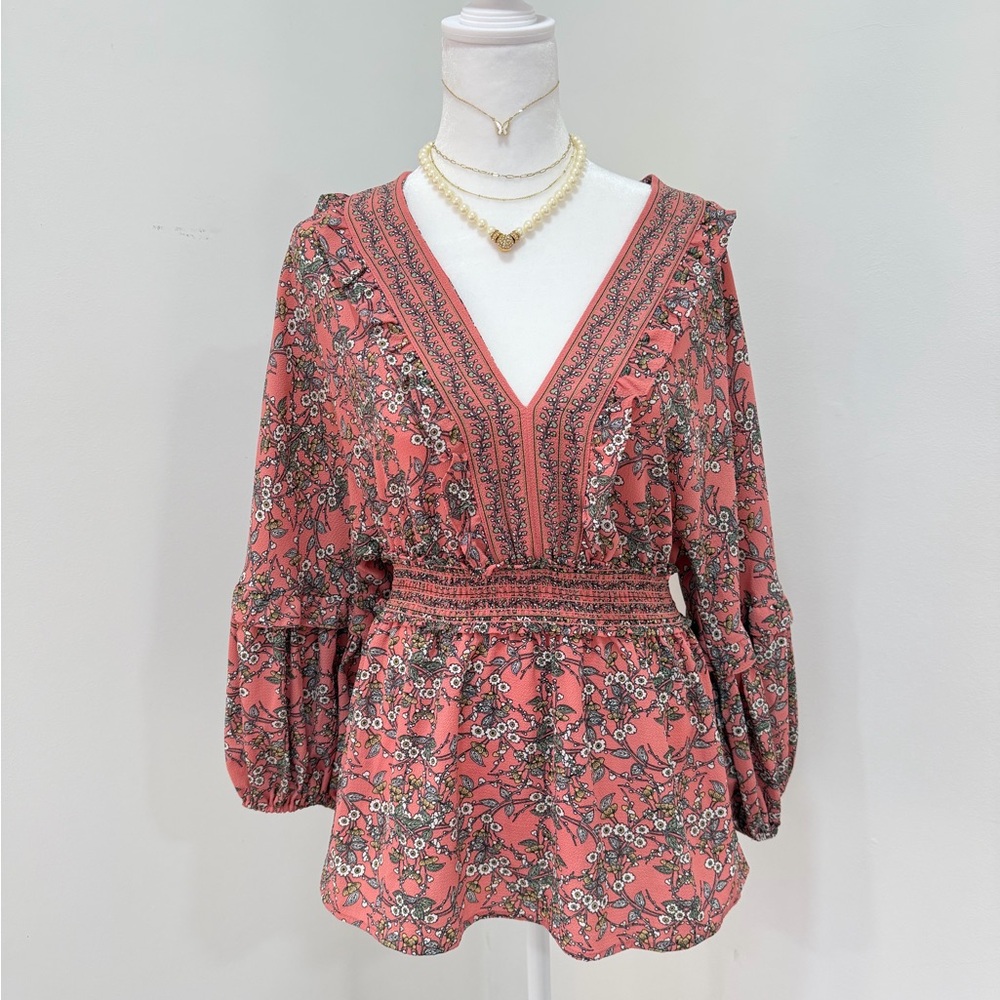 Max Edition Coral Floral Blouse ruffle blouse medium NWOT